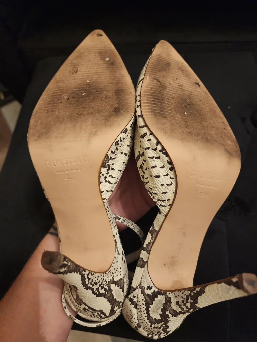 Colin Stuart Pointed Snake-Print Ankle-Strap Heels in Beige Size 7.5